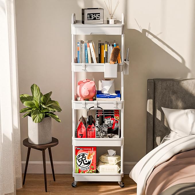 Sorgion 5 Tier Rolling Cart Organizer,Bathroom Cart Organizers with Wheels Laundry Room Organization Mobile Shelving Unit Utility Cart Storage Shelves Multi-Functional for Office, Home(White)