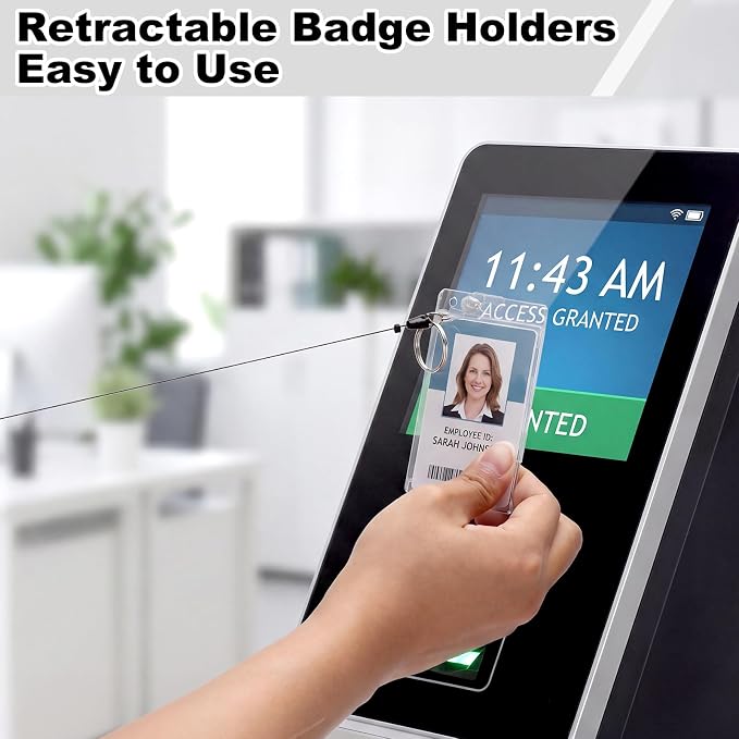 2 Set Badge Holder Retractable Clip Badge Reels with Clear Vertical ID Card Badge Holders Side Thumb Slots Hard Transparent PC Case for Work Office
