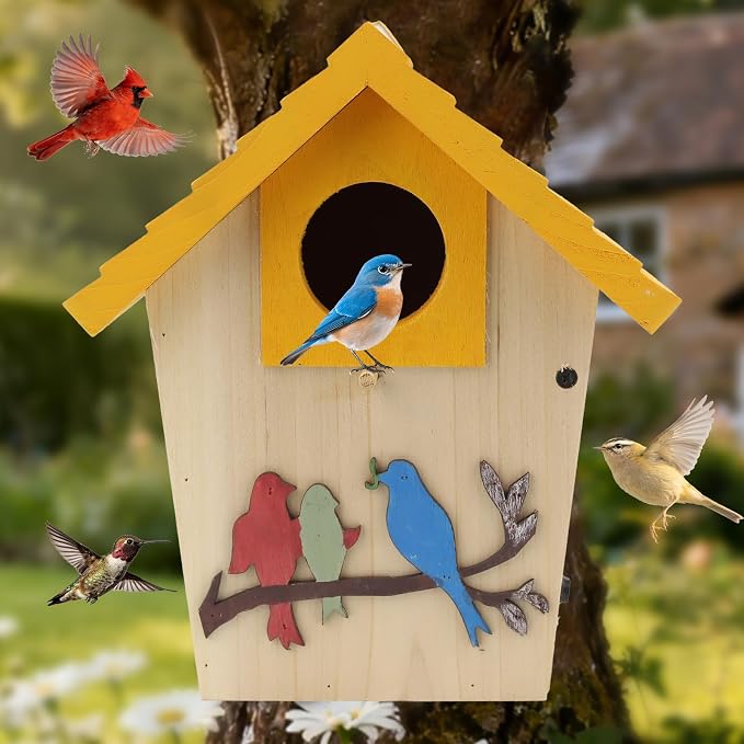 Wooden Bird Houses Bird House for Outside,Yellow Wood Bird House for Outdoors, 1.5" Entrance Hole Bird Houses for Garden Blue Bird Hummingbird Wren Cardinal Swallow Sparrow Finch