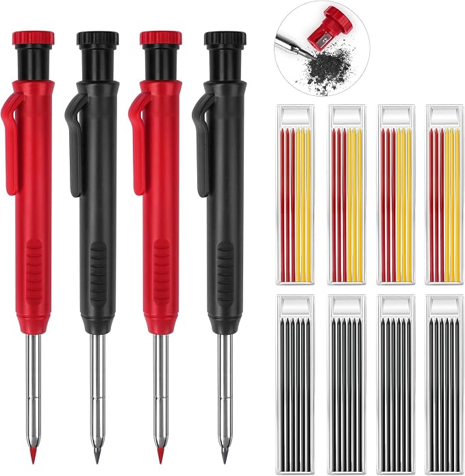 MECHEER 4 Pack Carpenter Pencils Mechanical Pencils with 48 Refills, Construction Pencils with Built-in Sharpener, Long Nib Deep Hole Heavy Duty Woodworking Pencil Marker for Architect (2 Colors)