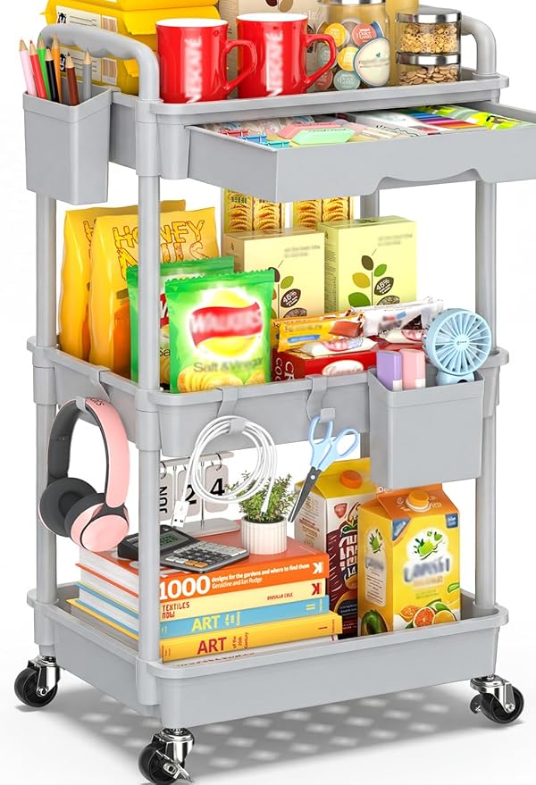SUNALLY 3 Tier Rolling Cart with Drawer, Craft Storage Cart Organizer, Gray | Bathroom Storage Organizer with 2 Lockable Wheels, Rolling Utility Cart for Kitchen, Office, Baby, Makeup, Nail,Snack,Laundry