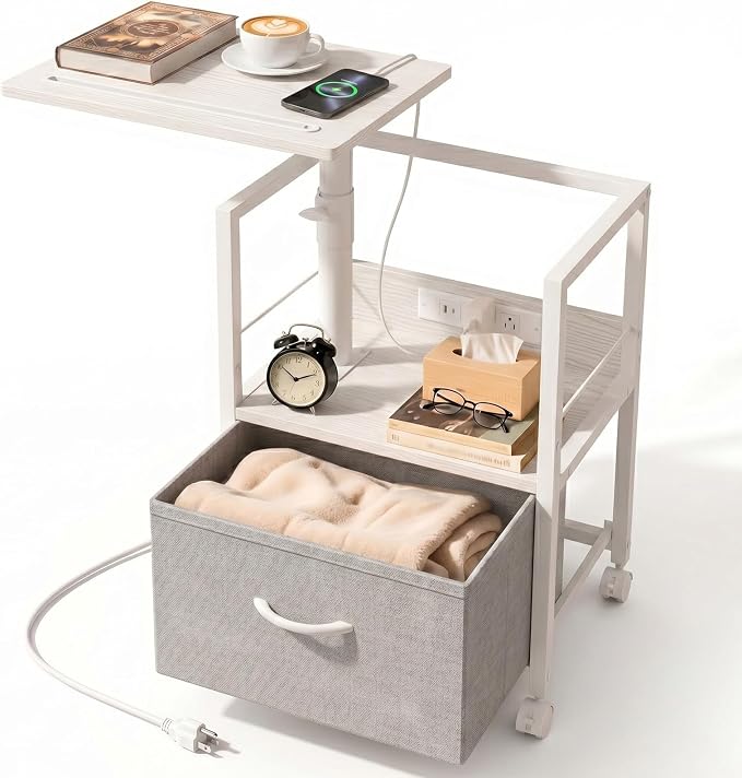 Faesun Swivel Lift Top Nightstand with Charging Station, Rolling Side Table for Recliner, Bedside Table with Wheels & a Fabric Drawer, for Small Spaces, for Bedroom, Living Room, White Gray