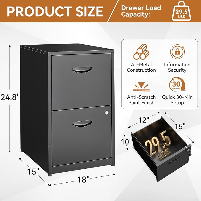 Polup 2 Drawer File Cabinet with Lock, Metal Filing Cabinet for Home Office | Small Locking Cabinet for Under Desk Storage, Printer Stand, Fits Letter Size, Black, 26"H x 15"W x 18"D, Easy Assembly