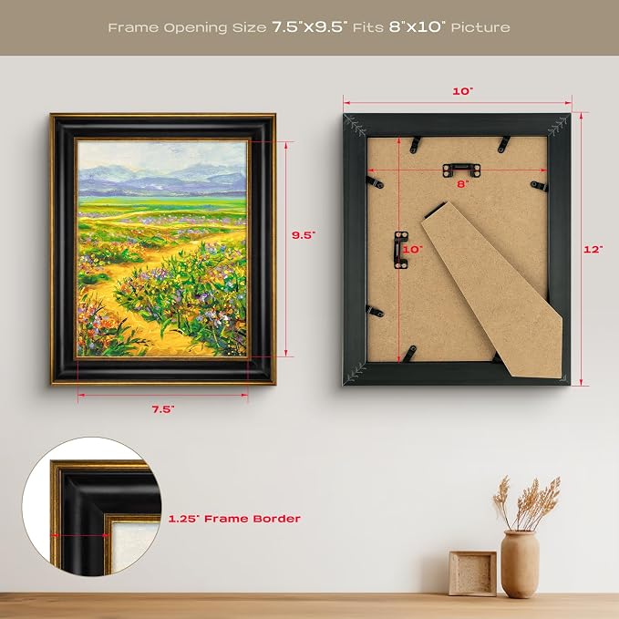 Golden State Art, 8x10 Black With Antique Gold Trim Color Picture Frame - Easel Stand, Sawtooth Hanger - Real Glass, Landscape, Portrait Display - Great for Postcards, Photographs