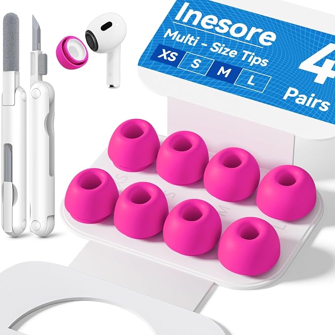 Inesore 4 Pairs Replacement Ear Tips for AirPods Pro 2nd/1st (Rose red) | with Noise Reduction Hole & Built-in dust Guard Screen,Silicone,with Portable Storage Box & Cleaner Pen,4 Size (XS/S/M/L)