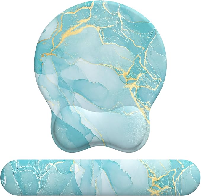 Mouse Pad Wrist Support, Ergonomic Memory Foam Keyboard Wrist Pad & Gel Wrist Rest Set for Computer Keyboard for Easy Typing & Pain Relief for Office & Home(Blue Marble Set)