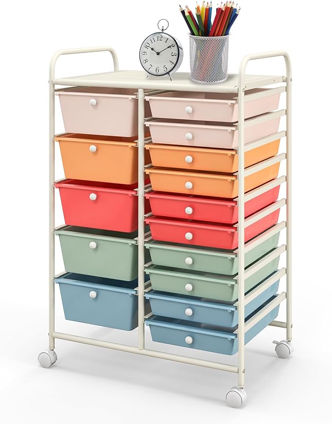 BECOMFORT 15-Drawer Rolling Cart with Drawers, Storage Cart on Wheels, Teacher Classroom Organizers with Metal Frame, Mobile Craft Cart for Tools, Trolley Utility Cart for School Office Play Room