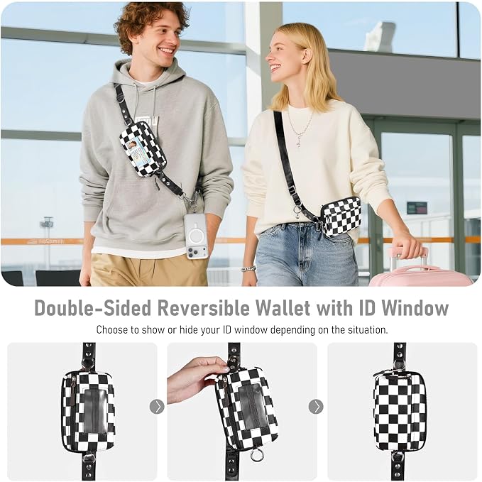 Tiostep Clip and Go Strap for Phone with Wallet Crossbody Phone Lanyard Adjustable and Detachable RFID Wristlet Wallet (Black White Checkered, Medium)