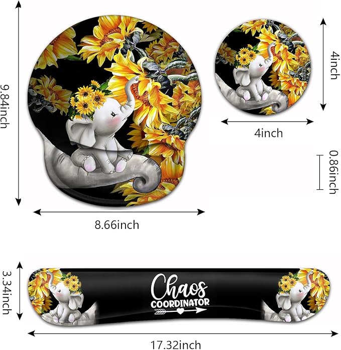Mouse Pad with Wrist Support,Ergonomic Gel Smouse Pad Cute Baby Elephants with Sunflower Office Easy Typing Games to Relieve Fatigue, Non-Slip and Durable Memory Foam Keyboard Wrist Rest,(Pack of 3)