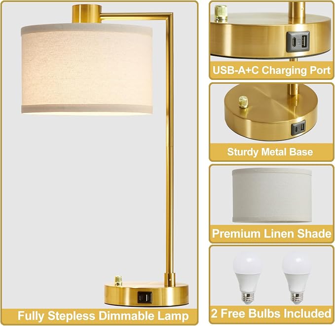Luvkczc Table Lamp for Bedroom Set of 2 with USB C+A Ports, Fully Stepless Dimmable Bedside Lamp with Linen Lampshade, Nightstand Lamp for Living Room Reading Office, 2 LED Bulbs Included (Gold)