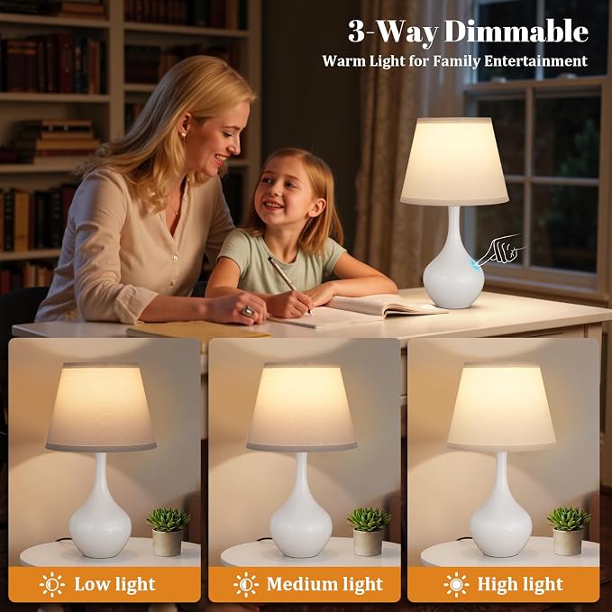 16.1" Touch Table Lamp for Nightstand, 3 Way Dimmable Small Bedroom Lamp | Touch Control, Bulb Included, White Bedside Lamps for Desk, Night Stands, Living Room, End Table, Corded