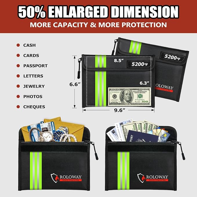 Fireproof Bag (9.6 x 6.6 inches) 5200℉ Heat Insulated with Reflective Strip, Fireproof Money Bag with Zipper for Cash (2-Pack Black)