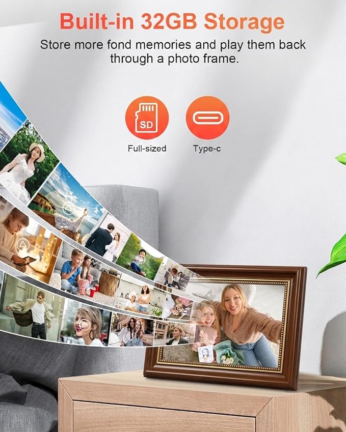 Frameo Digital Frame 10.1 Inch WiFi Digital Photo Frame with 32GB Storage, 1280x800 HD IPS Touch Screen Picture Frames Slideshow, Long Distance Realationship Gifts, Elderly Tech (Maple Brown)
