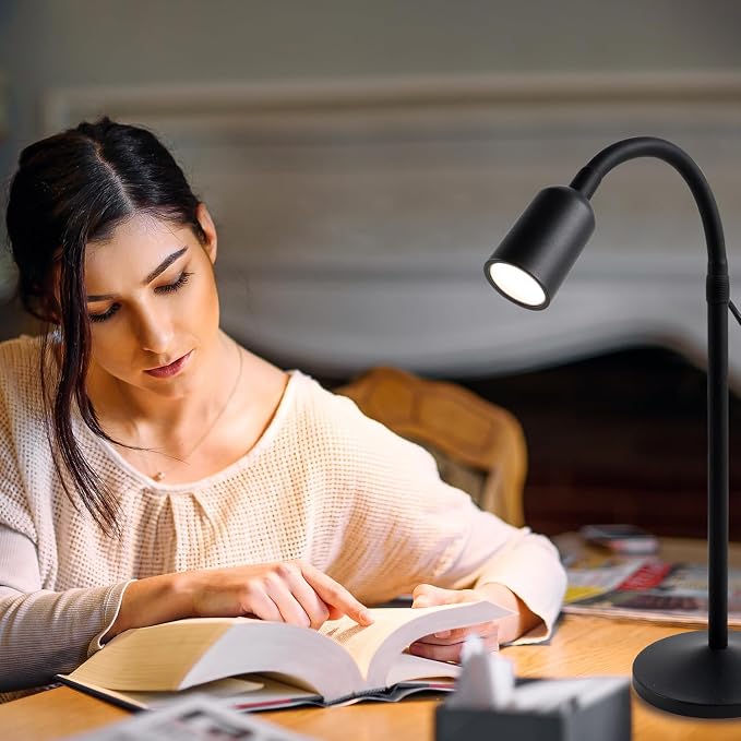DAMI Small Desk Lamp with Flexible Gooseneck, USB Reading Light Nightstand with 3 Color Temperatures, Dimmable Eye-Caring Bedside Table Lamp for Home Office Bedroom Dorm RV - Black