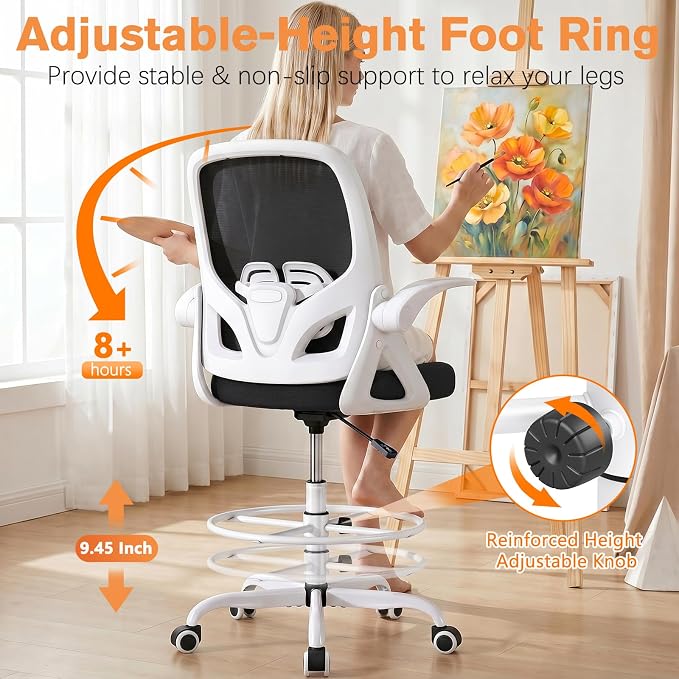ORRSAKER Drafting Chair, Tall Office Chair with Flip-up Arms, Mesh Ergonomic Computer Standing Desk Chair with Adjustable Height Foot Ring and Lumbar Support, 300 LBS Capacity, White