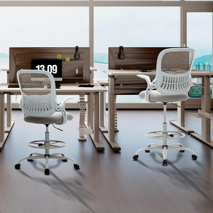Sweetcrispy Tall Drafting Office Desk Chair - Ergonomic High Stool Computer Chair with Adjustable Height and Comfy Lumbar Support, Rolling Counter Height with Flip-up Arm and Footrest, Grey