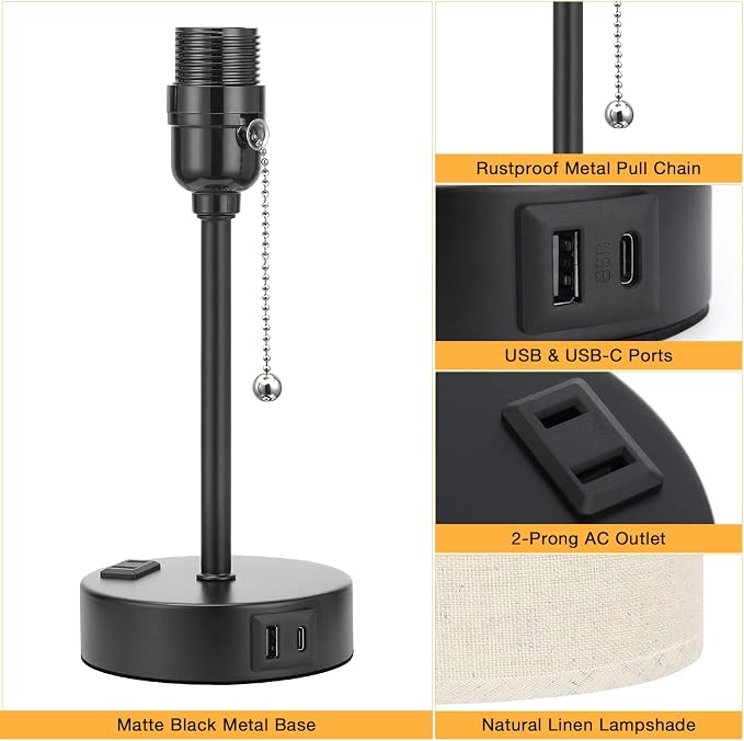 Small Bedside Table Lamp for Bedroom - Desk Lamp with USB Ports for Dorm | USB A+C Ports, AC Outlet, 3 Color Temperatures, LED Bulb Included, Beige Fabric Shade, Matte Black Base