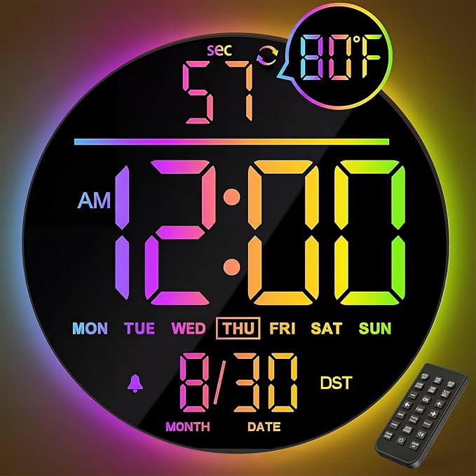 JALL 10" Large Digital Wall Clock with Remote, RGB Color, Big LED Display, Alarm Countdown Timer, DST, Temperature, Decor for Bedroom Living Room Gym Gaming Room, Easy to Read Clock for Seniors