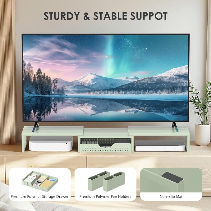 Desk Organizers and Accessories, Dual Monitor Stand Riser with Drawer and 2 Pen Holders, Desk Shelf Computer Monitor Stand for Office Workspace Organizers, Desktop Organization (Sage Green)