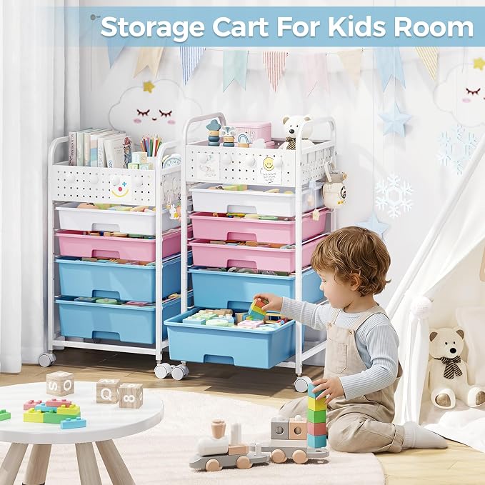 5 Drawer Rolling Storage Cart with Pegboard Top and Hooks, Pink&Blue | Mobile Organizer Cart with Wheels for Office Supplies, Craft Storage, Classroom Organization, Home Utility Cart