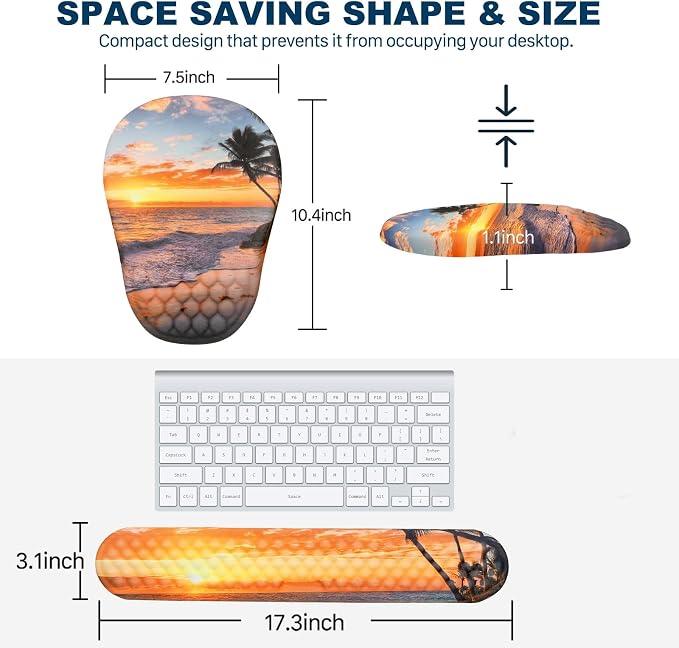 Ergonomic Mouse Pad and Keyboard Wrist Rest with Massage Design, Space-Saving Mouse Pad Wrist Support, Memory Foam Wrist Rest with Non-Slip PU Base for Computer Desk, Beach