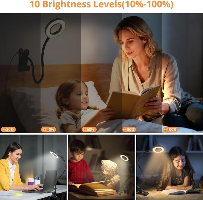 Woputne Desk Lamp Clip on Light for Bed Book Reading (Black) | 10 Dimmable Brightness 3 Light Modes Desk Lights for Home Office Clamp Bedside Lamp for Painting, Craft, Study