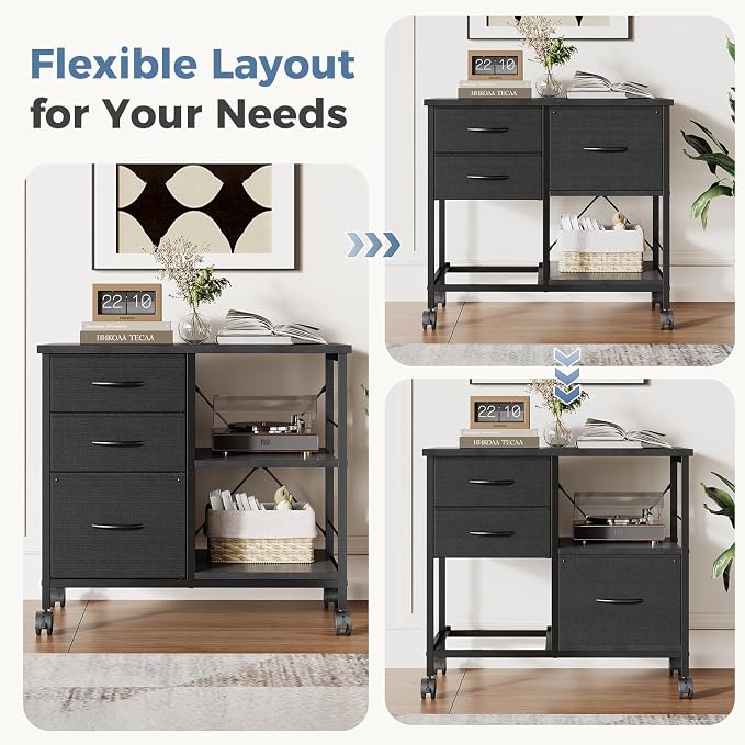 DUMOS 3 Drawer Mobile File Cabinet, Space Saving Rolling Printer Stand | Freestanding Fabric Lateral Filing Cabinet Fits A4/Letter Size, Printer Cart with Open Storage Shelf for Home Office, Black