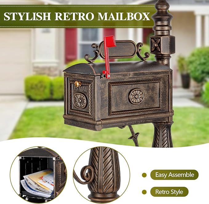 Polar Aurora Barcelona Decorative Post Mailbox Combination Stratford Heavy Duty Postal Mail Box Cast Aluminum(Bronze)