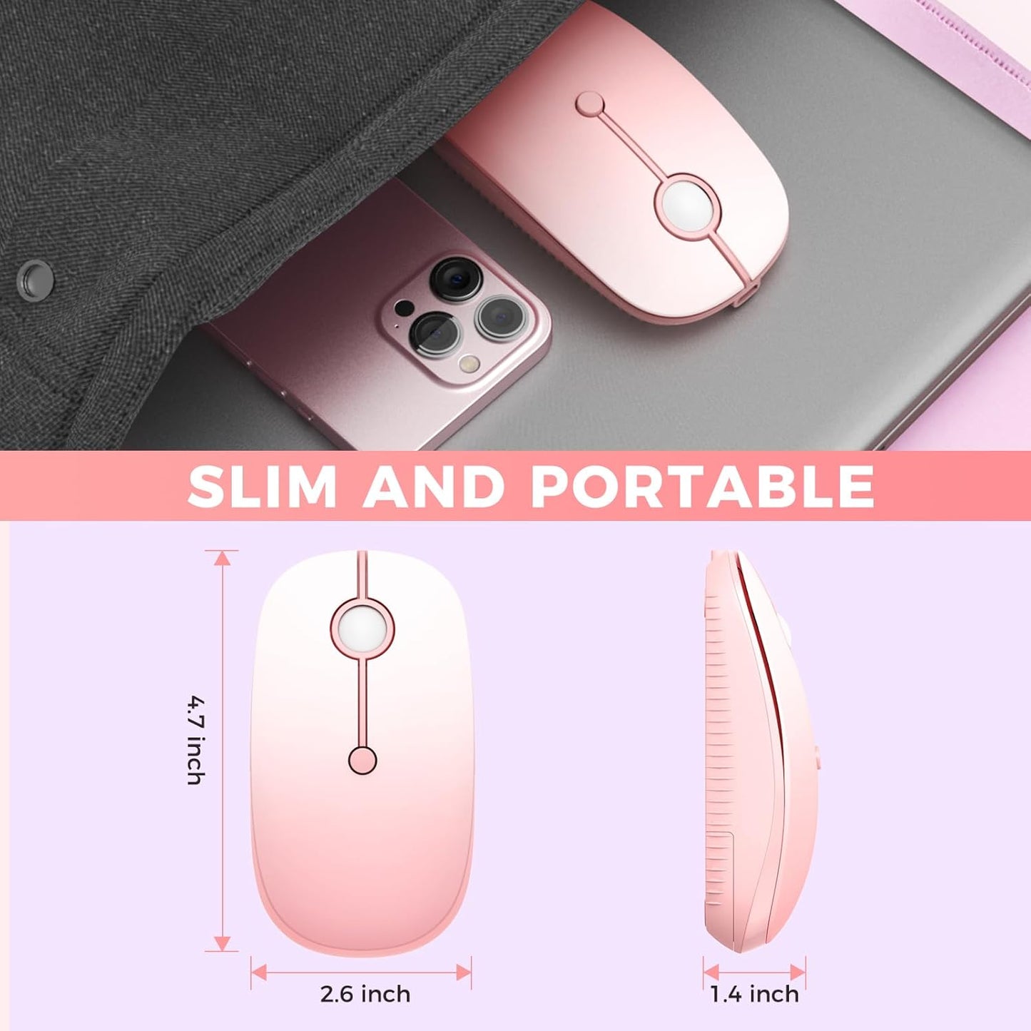 VssoPlor Type C Wireless Mouse, USB C MacBook Wireless Mouse Dual Mode 2.4G Cordless Mice with Nano USB and Type C Receiver Compatible with PC, Laptop, MacBook, ipad-Gradient Pink