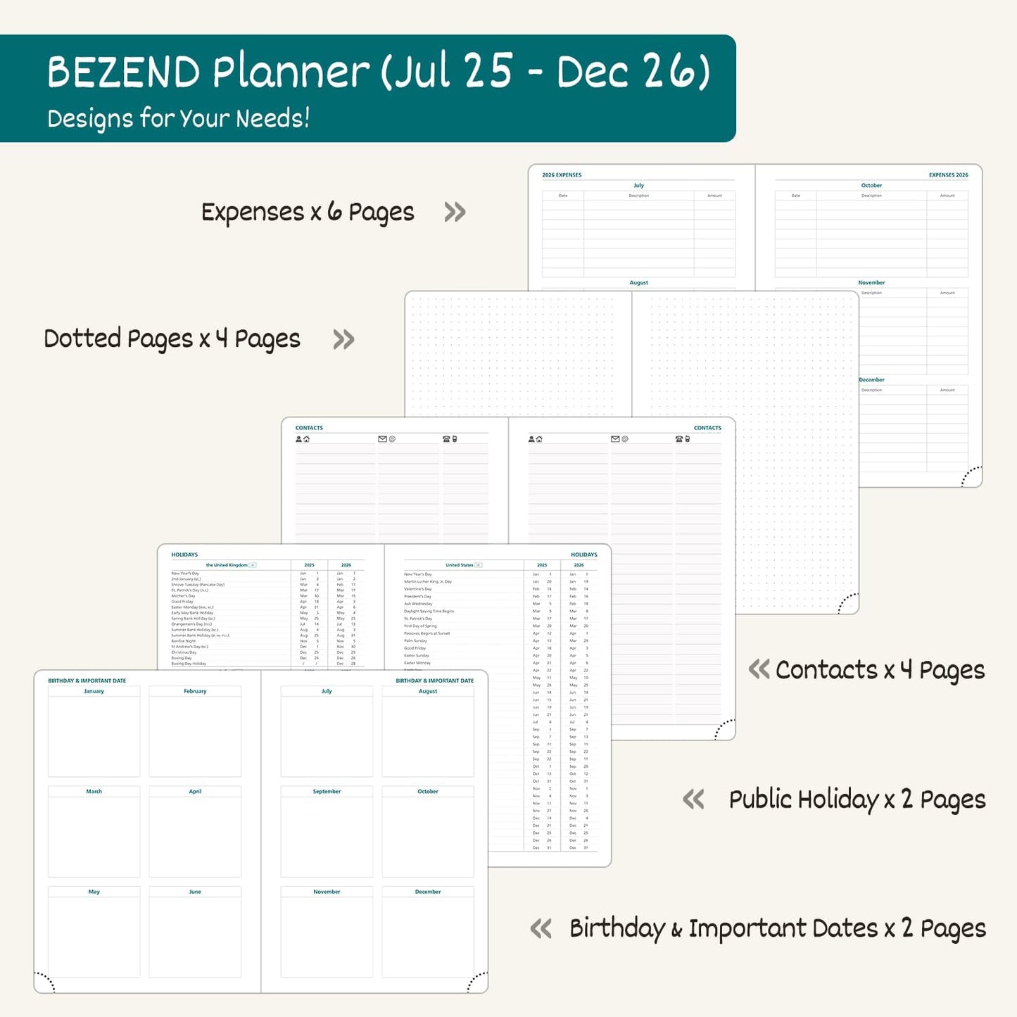 BEZEND Weekly Planner 2025-2026 with 2 Columns, 5.8" x 8.5" Academic Calendar 18 Months (Jul 25-Dec 26) Life Work Appointment Book with Monthly Tab, PU Leather Hardcover - Lilac