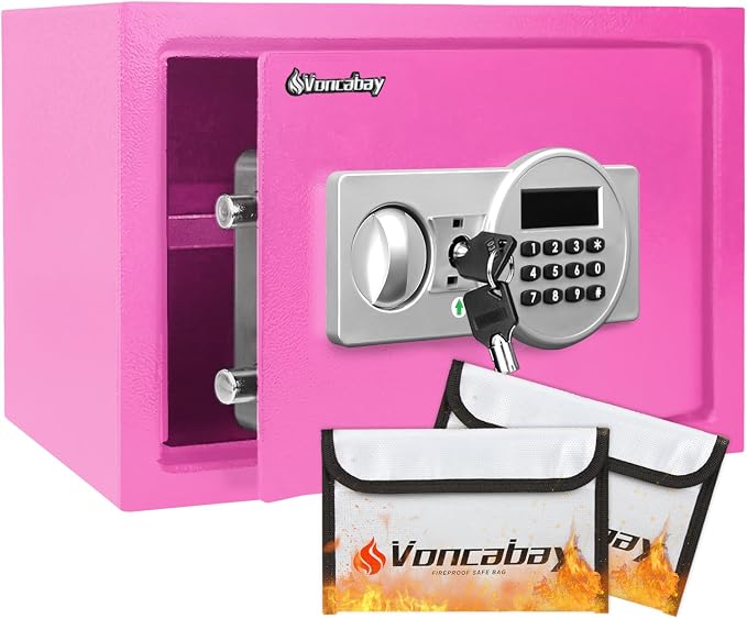 Voncabay Money Safe Box for Home with Digital Keypad, 0.8 Cu. Ft., Pink | Alloy Steel, 2 Fireproof Bags, Digital Keypad with Display, Removable Shelf, Fits A4, 13.8 x 9.85 x 9.85 In.