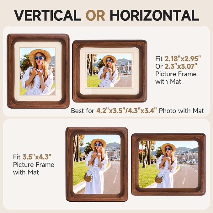 Solid Walnut Picture Frame for Instax Wide & Square Photos, Small Solid Wood Photo Frame with Joinery Corners, Tabletop Display (Walnut, For 4.2x3.5/4.3x3.4 Photo)