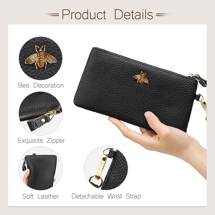 imeetu Wristlet Wallets for Women, Wristlet Clutch Purse, Phone Wallet | Genuine Leathe Wallet Women, Lightweight Water-resistant Long Wallet with Wrist Strap, Zip Coin Pocket, Gift Box, Bee Decor