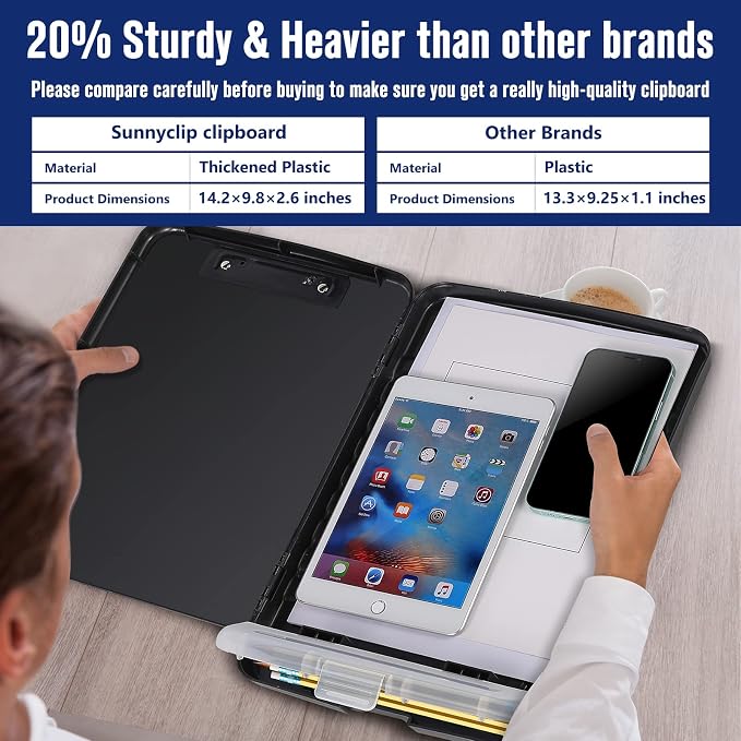 Sunnyclip Clipboard with Storage & Calculator, [20% Thicker] Heavy Duty Plastic Clip Board, Large Capacity Letter Size Side Opening Nursing Slimcase with Pen Holder|Smooth Writing Office Supply