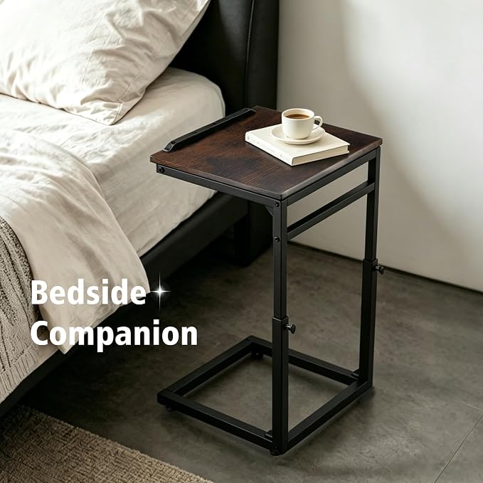 facka C Shaped TV Tray Table, Adjustable Height & 0-60° Tilt for Couch | C Table Sofa Side End Table with Stopper Ledge, Couch Table for Eating, Laptop, Reading & Small Spaces Brown