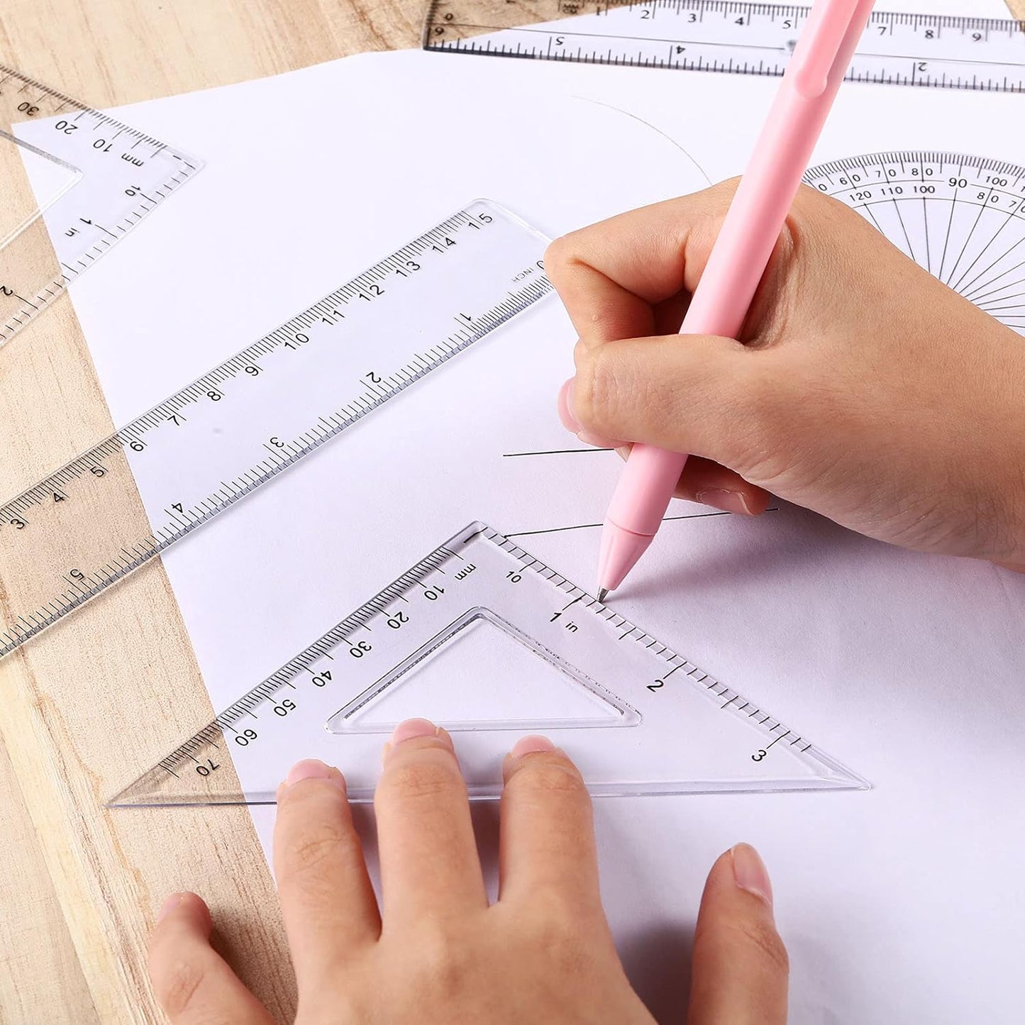 Tenare 1 Set Plastic Clear Math Set Includes Protractor Triangle Rulers 12 Inch 6 Inch Straight Geometry Math Transparent Ruler Measuring Tool for School Office Home Supplies(Clear)