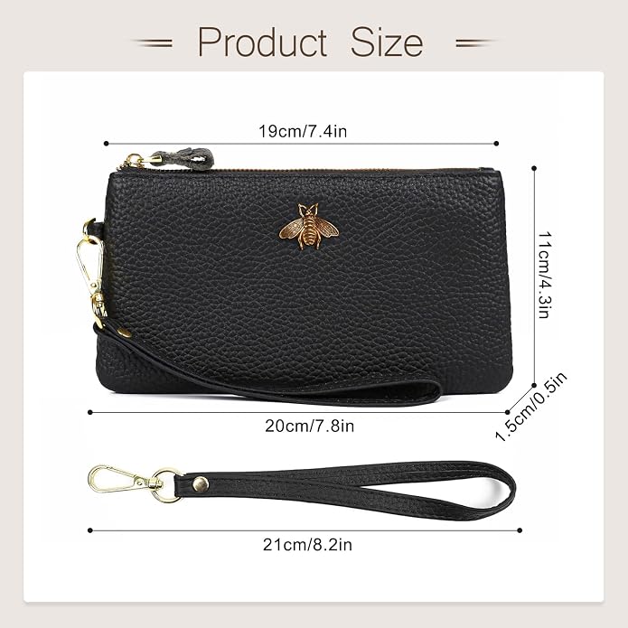 imeetu Wristlet Wallets for Women, Wristlet Clutch Purse, Phone Wallet | Genuine Leathe Wallet Women, Lightweight Water-resistant Long Wallet with Wrist Strap, Zip Coin Pocket, Gift Box, Bee Decor