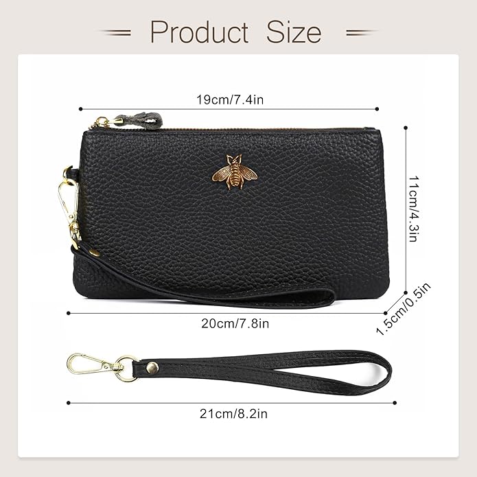 imeetu Wristlet Wallets for Women, Wristlet Clutch Purse, Phone Wallet | Genuine Leathe Wallet Women, Lightweight Water-resistant Long Wallet with Wrist Strap, Zip Coin Pocket, Gift Box, Bee Decor