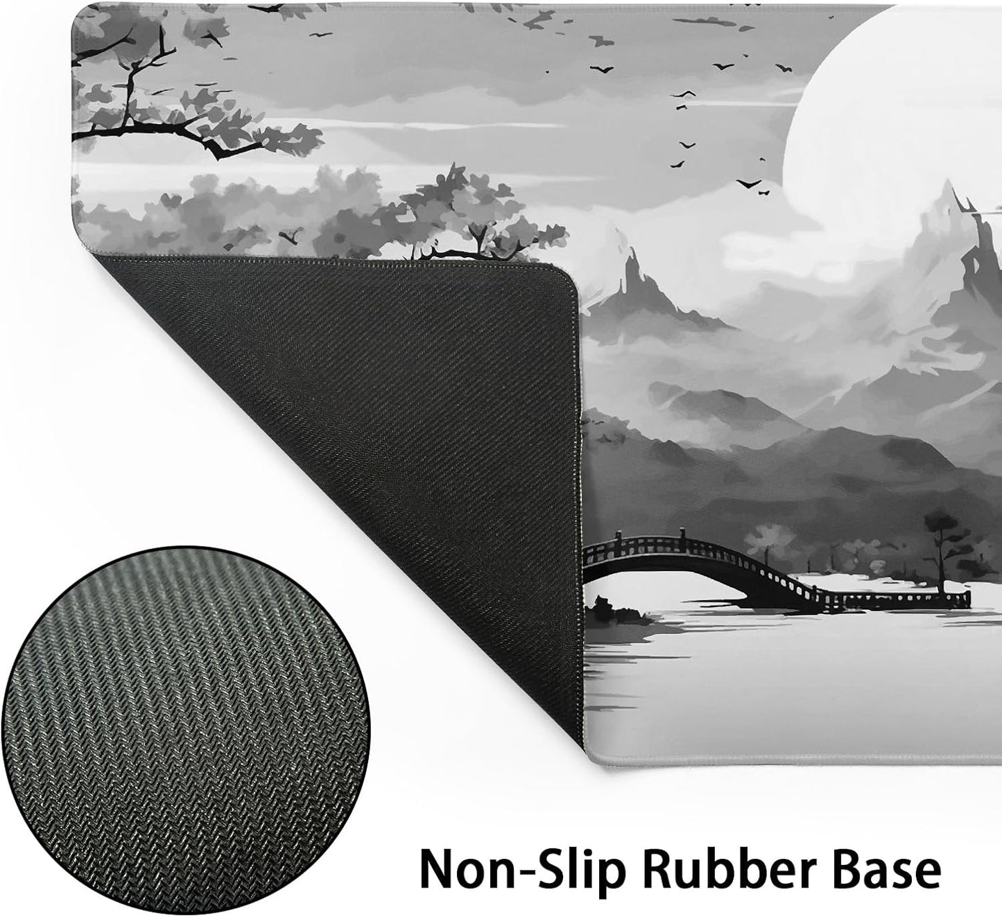 Black Gray Japanese Sakura Gaming Mouse Pad XXL Grey White Cherry Blossom Tower Mountain Aesthetic Extended Desk Mat Big Mousepad Non-Slip Rubber Base Stitched Edge Mousepad for Office,31.5×11.8 in