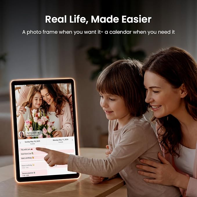 ApoloSign Neon Light Digital Picture Frame, Desk Digital Calendar, Auto-synced Schedule via Frameo App - 10.1" HD Touchscreen | AI Color-Changing LED | Share Photo/Video Instantly | Gift for Parents