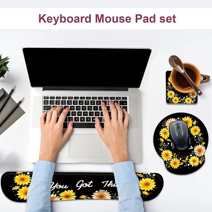 Keyboard Wrist Rest and Mouse Wrist Rest Pad with Cup Coaster,Made of Memory Foam,Ergonomic Support,Easy-Typing and Pain Relief,for Gaming Office Home Computer,You Got This Sunflower