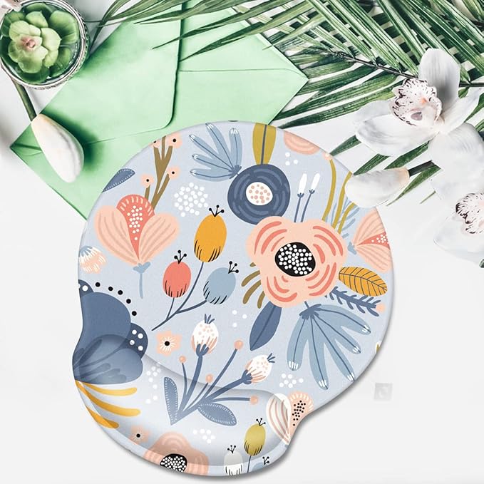 WAVEYU Ergonomic Mouse Pad with Wrist Support, Cute Pretty Mouse Mat for Women Girls Non-Slip Rubber Base Mousepad for Desk Laptop Gaming Working Computers Easy Typing & Pain Relief, Blue Flower