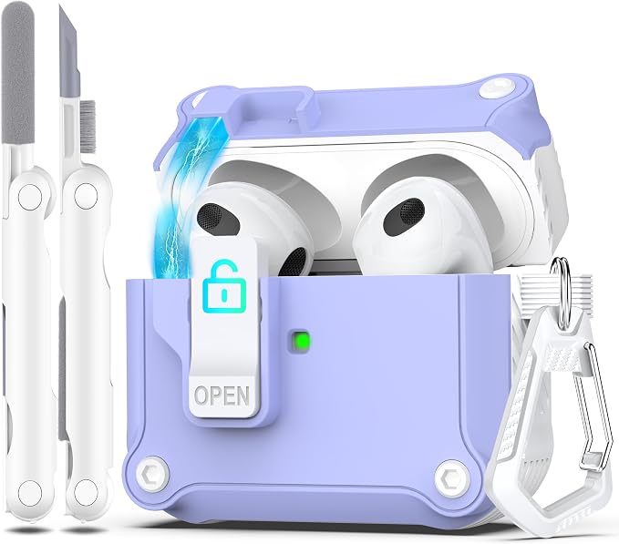 for AirPods 3 Case Cover with Lock Magnetic Lid, White/Lavender | Compatible with Apple AirPods 3rd Generation (2019) Case with Cleaner Kit & Carabiner, Powerful Drop Protection