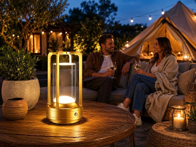 Rechargeable Table Lamp for Outdoor Indoor Portable Lamp with 3 Colors | Cordless Table Lamps - Dimmable LED Metal Battery Operated Lantern - Small Table Lamp for Bedroom/Bar/Coffee Shop/Camping