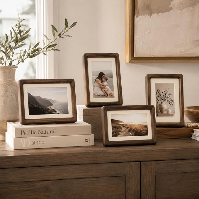 Solid American Black Walnut Picture Frame, 4x6 matted to 3x5 Photo | Natural Wood, Tabletop, Decorative Joinery Corners, Horizontal or Vertical Display