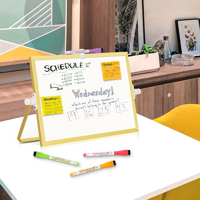 Double-Sided Magnetic White Board with Stand, 12" x 8" (Gold) | Dry Erase Board with Stand, Desktop Whiteboard Easel , Portable Small White board dry erase for Drawing, Office, Home