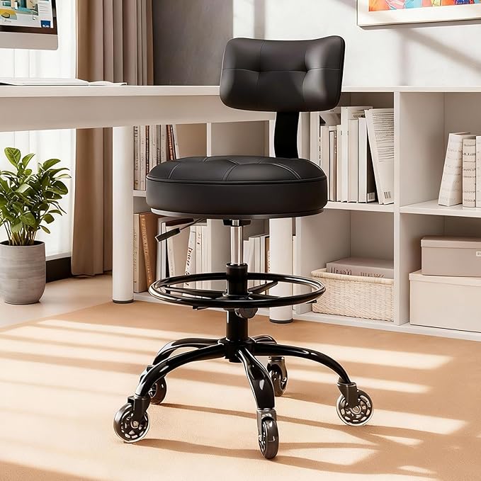 Office Drafting Chair with Footrest, Tall Height Adjustable Stool with Back Support, Heavy Duty Rolling Stool Chair with Wheels for Office Home Kitchen Bar Shop Guitar Studio Vanity, Black