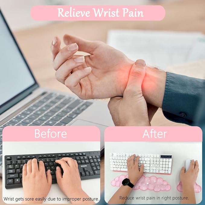 Acrylic Computer Keyboard Stand with Gel Cloud Wrist Rest Keyboard Riser with Comfortable Clear Silicone Mouse Wrist Pad Ergonomic Tilted Transparent Keyboard Holder for Desktop Office Hot Pink