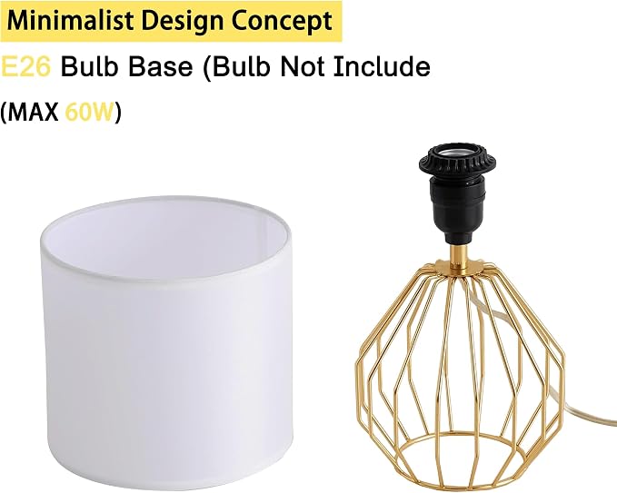 Brass Gold Table Lamp, Small Bedside Nightstand Lamp with White Fabric Shade, Metal Base Modern Geometric Desk Lamp for Bedrooms Living Room Office Kids Room