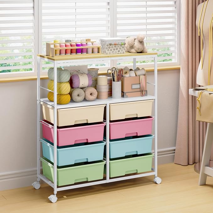 Rolling Storage Cart with 8 Large Drawers,Wooden Tabletop | Open Storage Shelves, Mobile Craft Organizer with Lockable Wheels for Home, Classroom, Office Supplies & Art Studio,Colorful